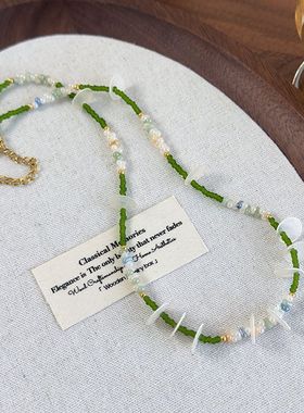 进口新中式清新绿色彩色手工串珠贝壳圆片项链浪漫度假风拍照配