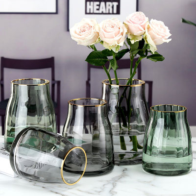 鲜花玻璃花瓶北欧现代金边透明水养插花宽口矮胖大口创意简约摆件 虎窝淘