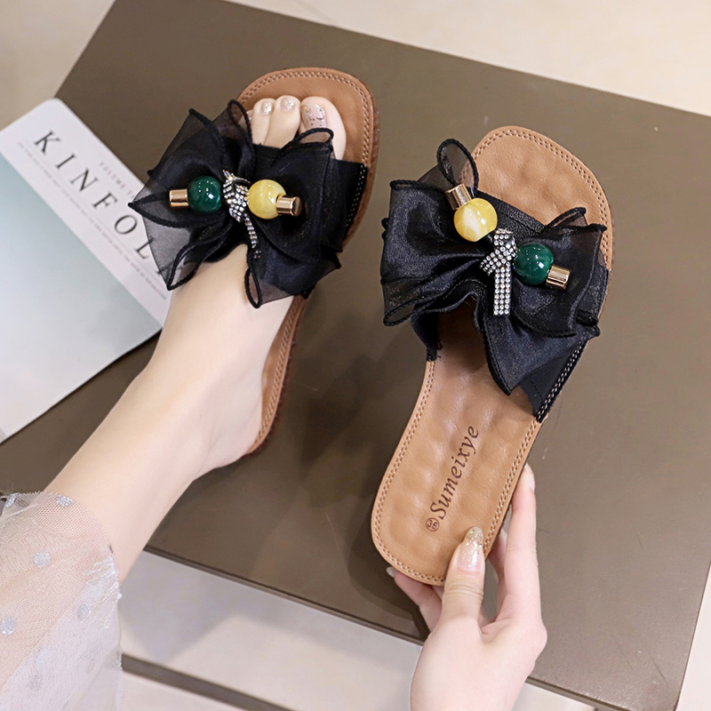 班尼瑞旗舰店蝴蝶结少女心平底凉拖女夏天时尚外穿软底防滑沙滩鞋室外甜美拖鞋1