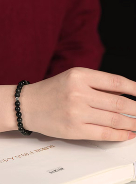 纯天然黑曜石手链手串男女款士黑耀石黑色散珠子原石保真情侣礼物