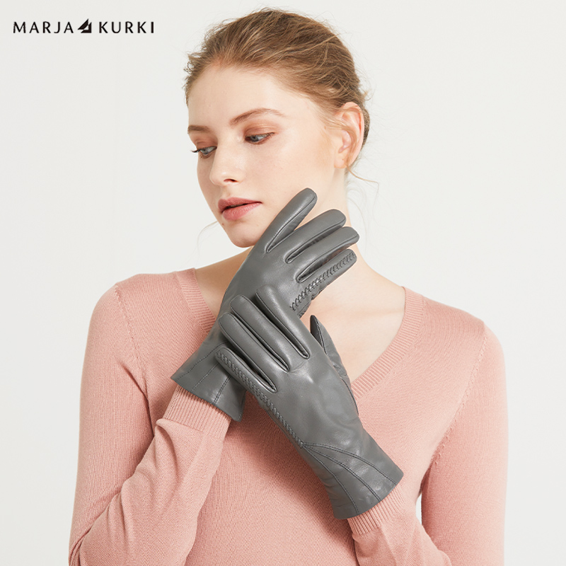 MARJAKURKI玛丽亚古琦黑色羊皮手套冬季女加绒可触屏真皮手套保暖