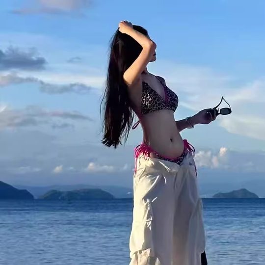 泳衣女欧美性感豹纹撞色比基尼三点辣妹小胸聚拢海岛沙滩度假分体