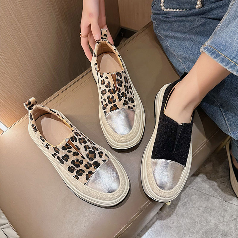 厚底松糕鞋女豹纹懒人单鞋子2023年新款春季中跟一脚蹬渔夫乐福鞋 - 图3