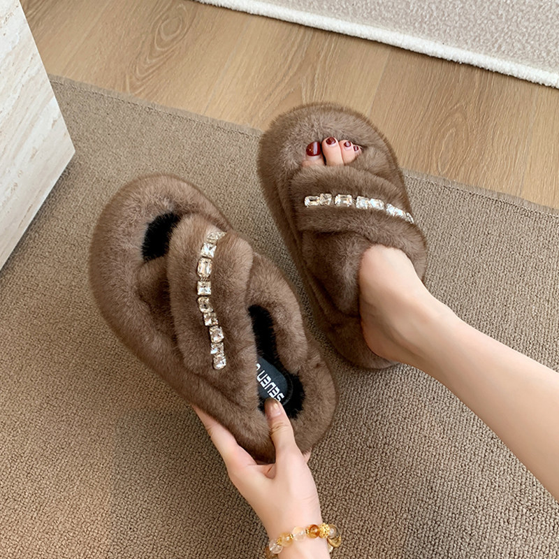 室内毛毛拖鞋女外穿2025年秋冬新款时尚百搭水钻厚底加绒一字棉拖,淘宝优惠券,粉丝福利购,淘宝优惠卷