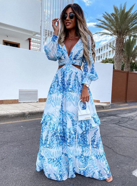 21 summer women's fashion dress镂空绿色V领长袖植物印花连