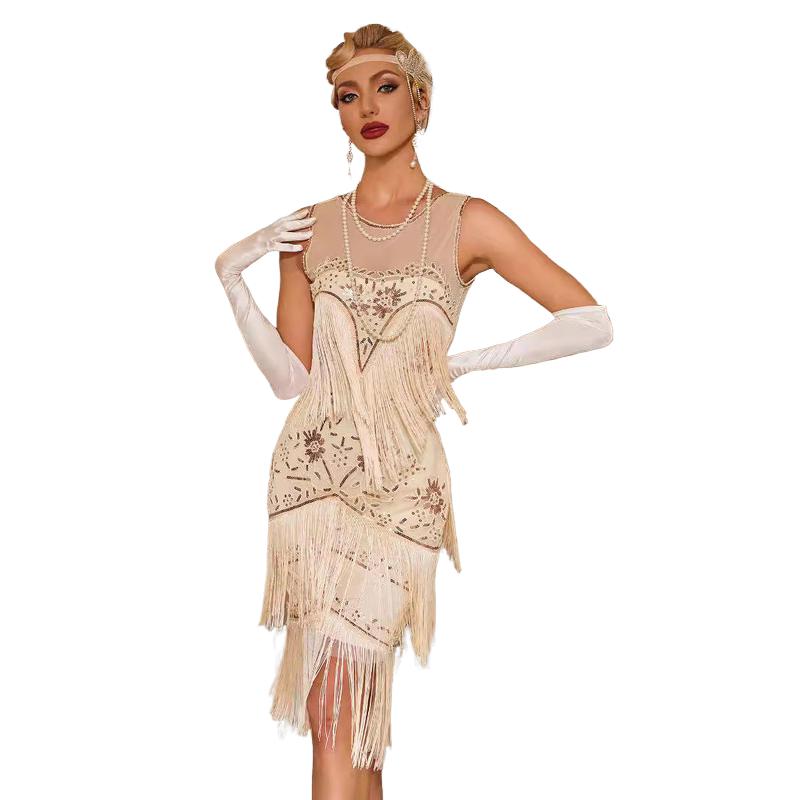 复古舞会刺绣流苏礼服裙鸡尾酒派对大码亮片钉珠网纱连衣裙 - 图3