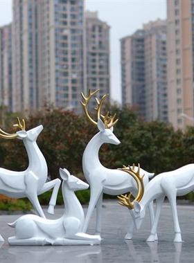简约现代白色梅花鹿玻璃钢雕塑户外公园林景观房地产小区装饰摆件