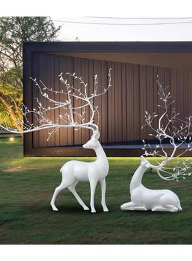 不锈钢镂空梅花鹿雕塑玻璃钢白色鹿摆件售楼部酒店大堂艺术装饰品