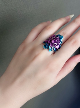 景泰蓝国色天香牡丹花可调节戒指国潮珐琅工艺高级感戒指贵妇小众