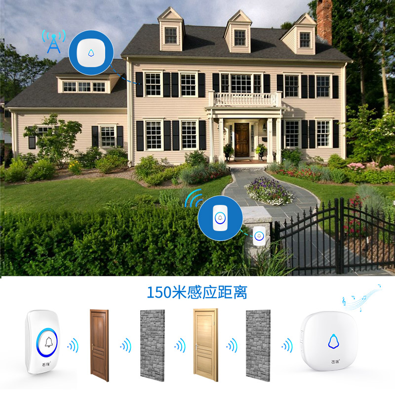 西瑞电子门铃无线家用智能超远距离遥控电池按钮一拖二老人呼叫器