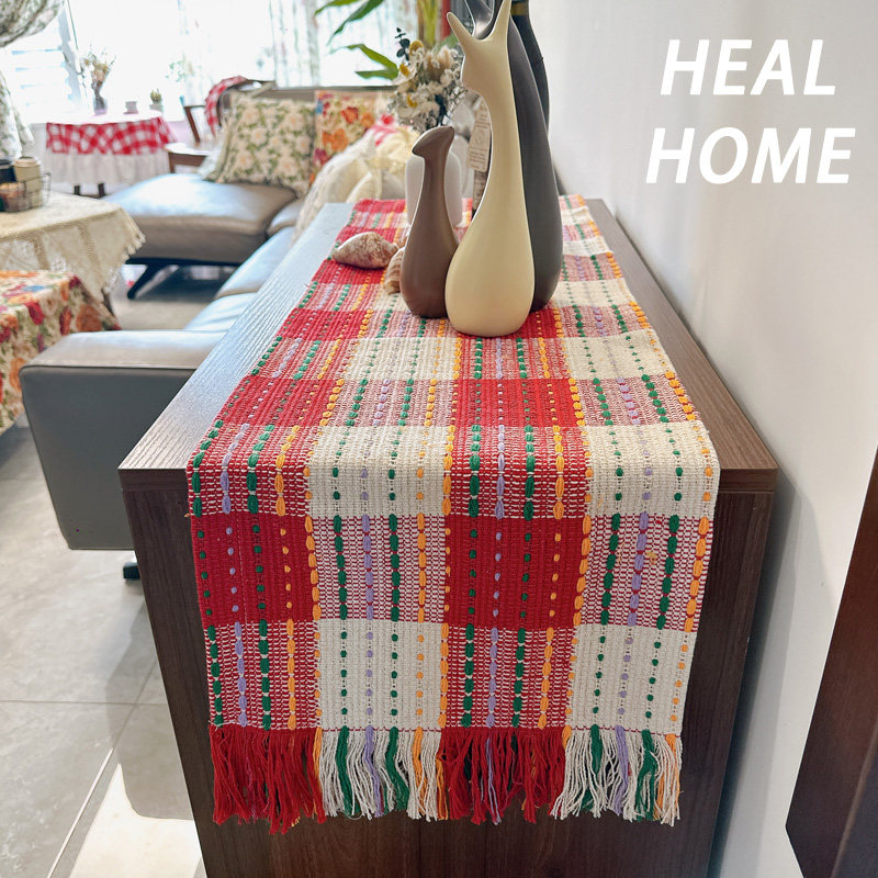 复古红白格编织流苏棉线长条桌旗桌布茶艺餐垫桌垫派对拍照道具布,淘宝优惠券,粉丝福利购,淘宝优惠卷