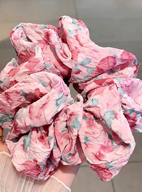 新款法式莫奈花园油画风大号布艺发圈感优雅碎花大肠发圈发饰