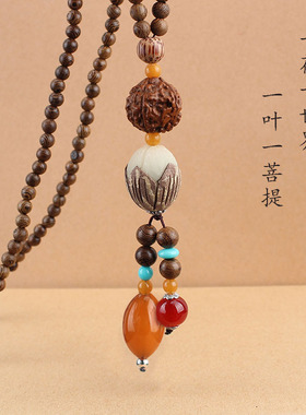 厂家直销民族风菩提毛衣链景区饰品项链百搭棉麻木质佛珠配饰批发
