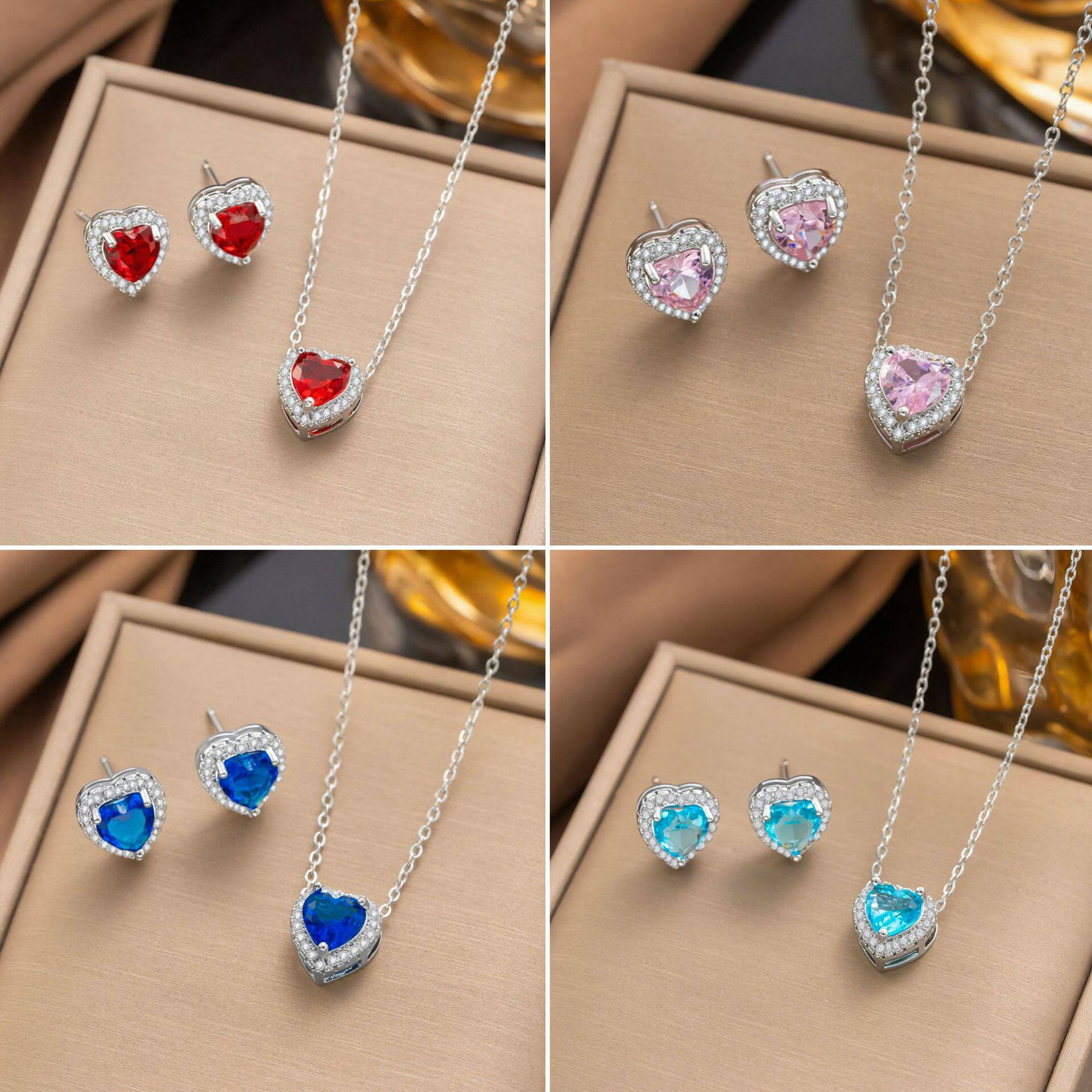 Cross-border new micro-paved zircon love heart three-piece set necklace ring earrings women's fashion light luxury heart-shaped jewelry wholesale