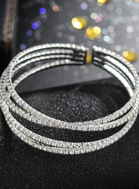 跨境钢丝手镯饰品四排满钻交叉手饰爪链开口弹性手镯厂家直销