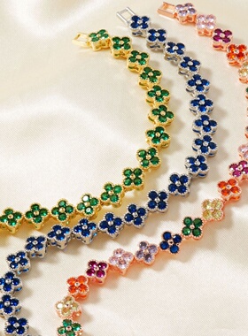 新款四叶草手链亚马逊跨境爆款彩色锆石欧美时尚设计奢华手饰品