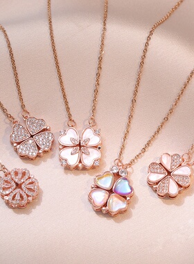 项链女跨境十字链开合四叶花朵项链时尚爱心钛钢锁骨链毛衣链饰品