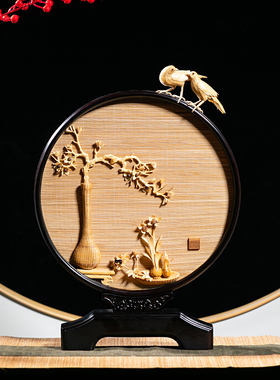 新中式花卉竹编木雕摆件