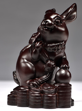 黑檀木雕兔子摆件实木雕刻红木