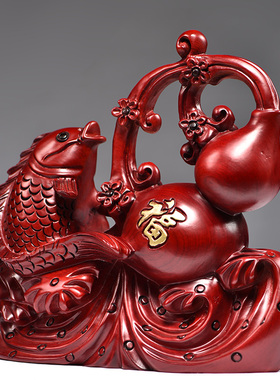 红花梨木雕葫芦摆件福禄有鱼客厅家居电视柜装饰木质工艺品送礼品