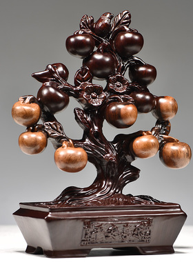 黑檀实木雕刻平安喜乐摆件苹果树喜鹊家居新中式客厅红木质工艺品