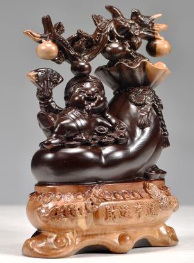 黑檀木雕财运亨通摆件实木雕刻财神爷钱袋金元宝聚宝盆装饰工艺品