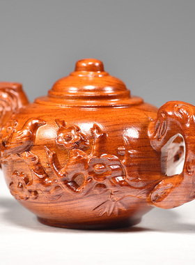 花梨木雕茶壶摆件实木雕刻把把壶客厅梅花鸟桌面装饰工艺品手把件