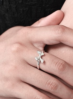 进口S999纯银蝴蝶结戒指女开口可调节指环2024年潮单戒食指XYJ0