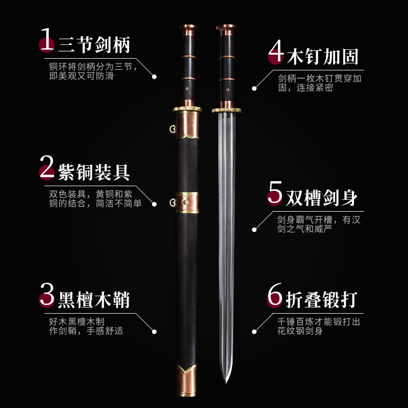 龙泉古越剑铺花纹钢汉剑一体唐剑传统剑长剑双槽宝剑防身未开刃_虎窝淘