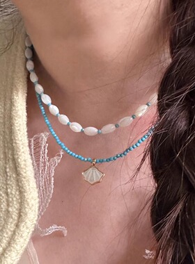 清冷贝壳蓝白贝组合夏日清爽项链