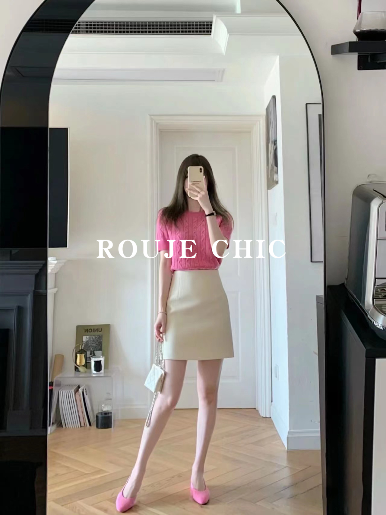 法国rouje chic法式甜美针织衫女夏季高级感正肩短袖t恤粉色上衣 - 图1