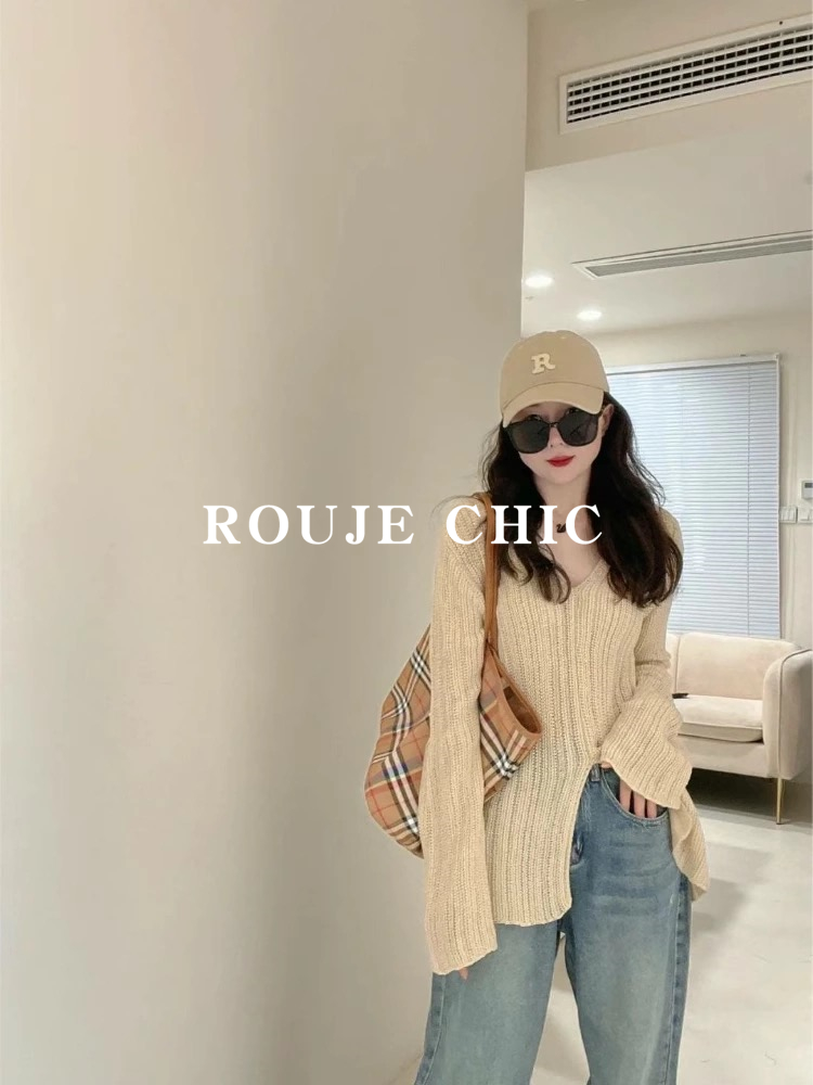 法国Rouje Chic法式小众开叉设计感V领毛衣女薄款百搭时尚针织衫 - 图1