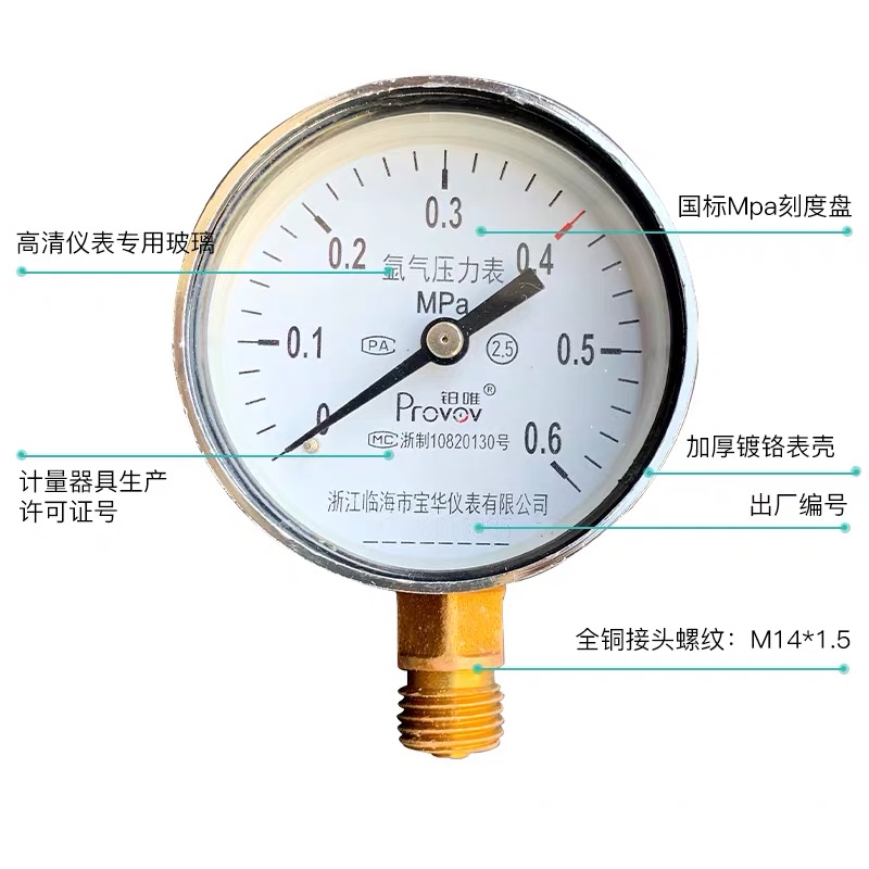 铂唯Y-60氩气压力表减压器Ar表头（0.25/0.6/1.6/2.5/25）MPa上海 - 图0