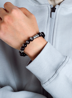 TIMORY银黑曜石刻字情侣手链