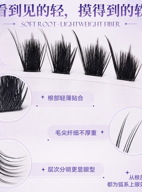 欧美跨境爆款狐系D曲斜飞假睫毛胶水款8-14mmDIY分段式浓密卷翘