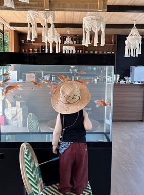 老钱风 拉菲草男女童爵士带绑带草帽户外镂空防晒遮阳沙滩草帽