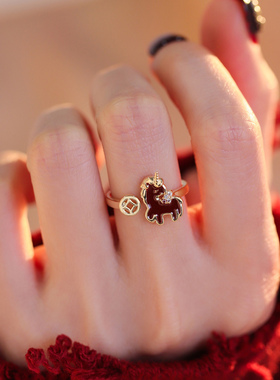 S925银红色独角兽生肖马戒指2026