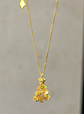 S925纯银金色拉丝圣诞树星星项链
