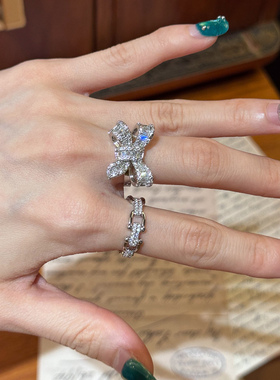 S925纯银爆闪满钻蝴蝶结戒指轻奢