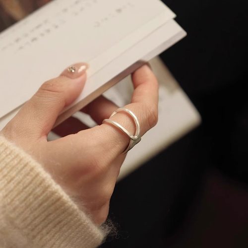S925银磨砂哑光双层戒指女轻奢高级感个性食指戒小众设计开口尾戒 - 图3