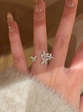 S925纯银满钻蝴蝶锆石戒指女小众