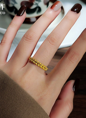 S925纯银钱多多金色铜钱戒指轻奢