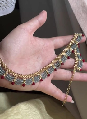 S925银多层蕾丝红蓝撞色串珠项链