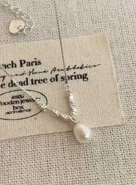 S925纯银碎银子水滴珍珠项链轻奢