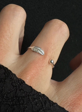 S925银做旧羽毛圆珠戒指轻奢高级