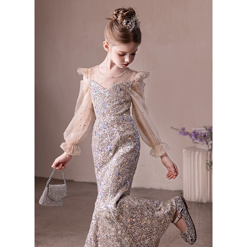 儿童亮片晚礼服轻奢高端女童生日鱼尾公主裙主持人钢琴演奏演出服 - 图3