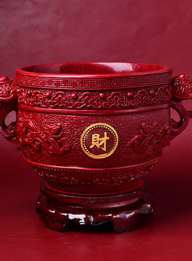 天然朱砂如意聚宝盆摆件双龙聚财招财进宝客厅卧室玄关工艺品摆设