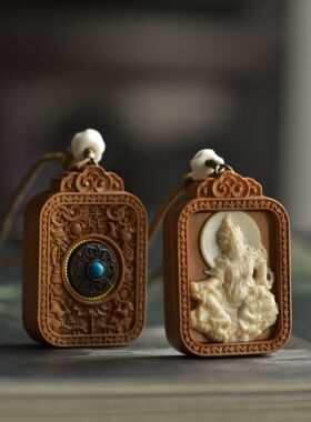 印度老山檀木镶嵌猛犸牙吊坠雕刻扎基拉姆绿渡母黄财神药师佛挂件