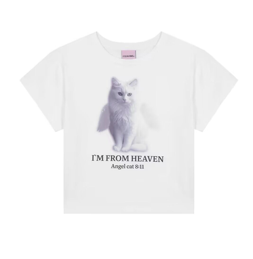 every year 小众设计款 柳智敏同款可爱风猫咪天使短款短袖T恤女 - 图0
