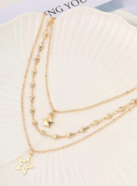 Hollow pendant necklace镂空五角星吊坠项链复古多层锁骨链女